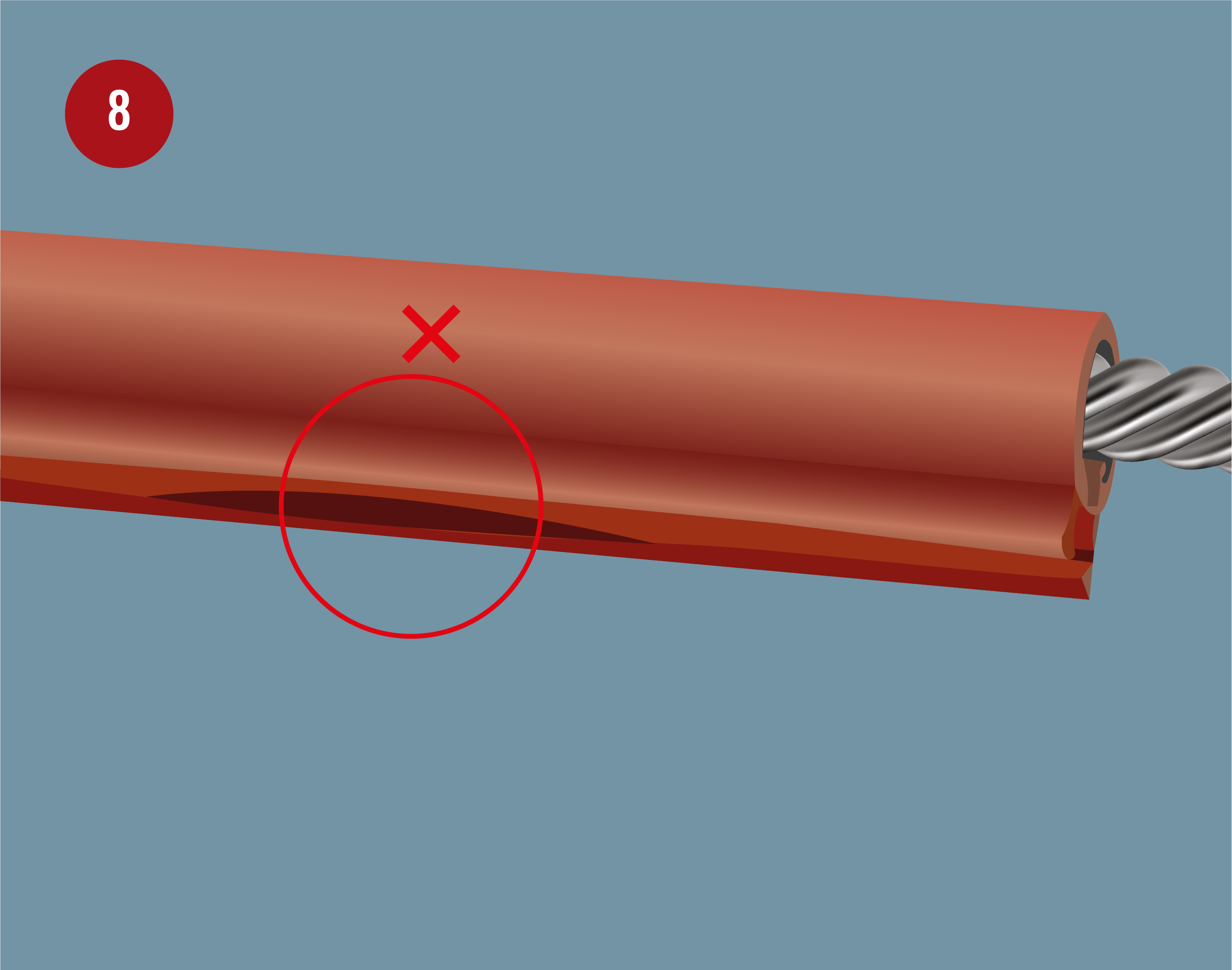 Step 8 of Centroid Polymer Technologies installation guide showing an issue with the coiled product, indicating a gap or flaw, marked with a red 'X'